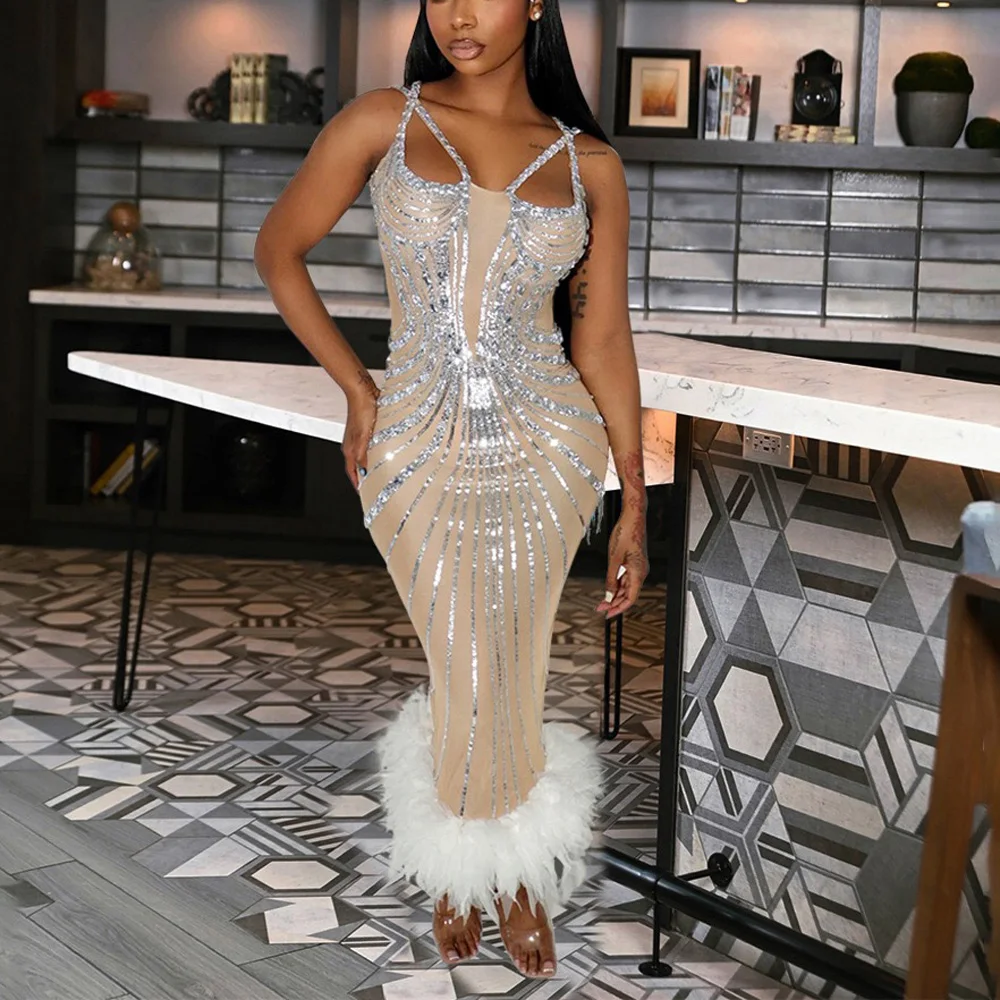 

Sexy Dresses for Women 2025 New Square Neck Sequin With Feather Sheath Mid Calf Elegant Birthday Party Dinner Vestidos Mujer Hot