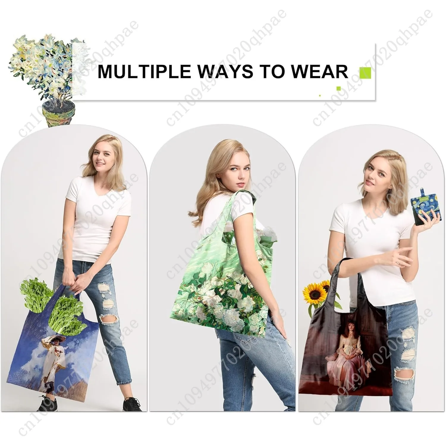 حقيبة حمل فنية للرسم الزيتي - حقيبة بقالة كبيرة قابلة لإعادة الاستخدام، أكياس بقالة من البوليستر هدايا للنساء، قابلة للطي، قابلة للغسل، عبوة