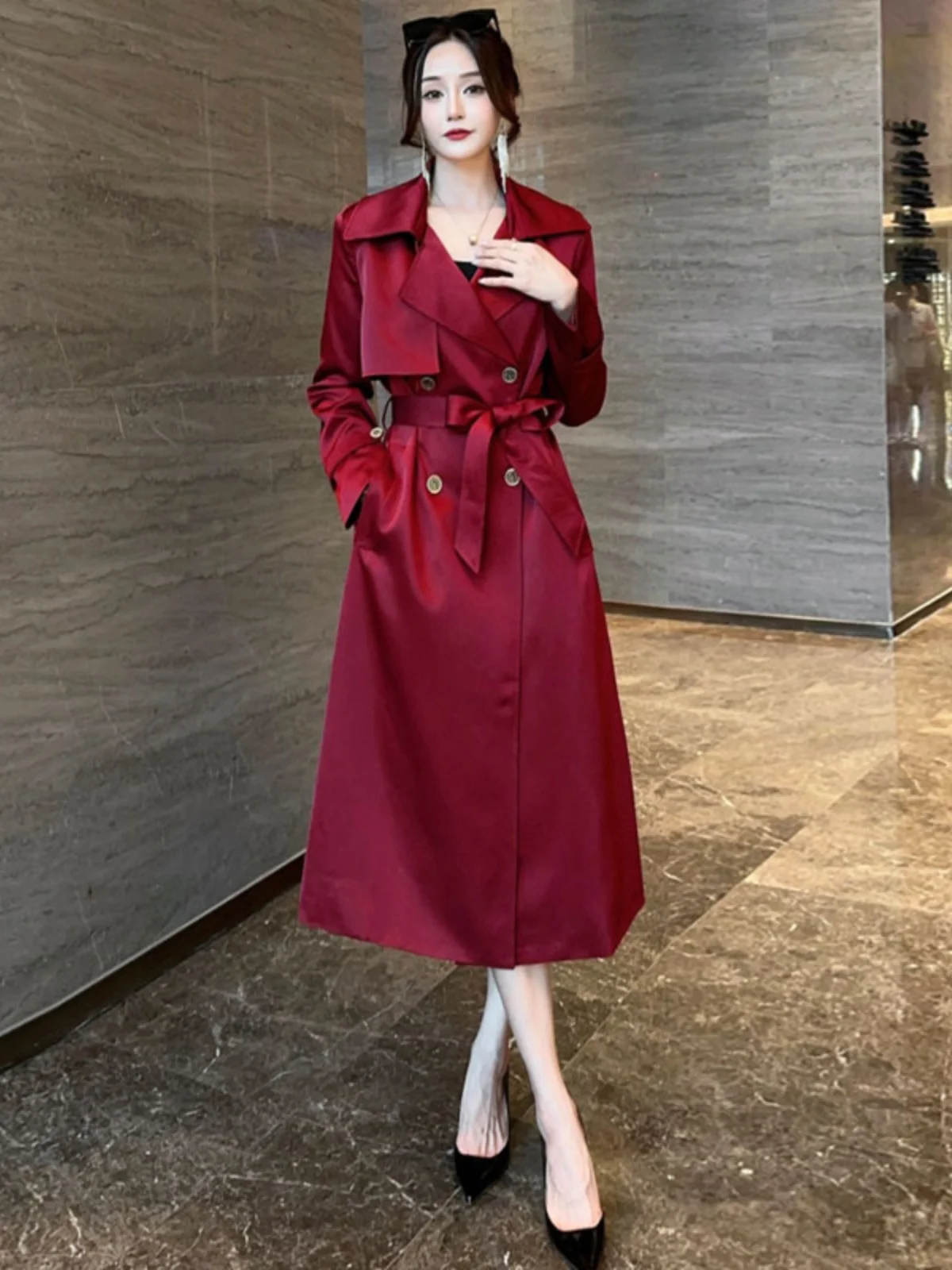 

Acetate Satin Women's Long Coat Double Breasted Slim Fit Long Sve Commute Sle Faionable Outerwear Spring Season Polyes...