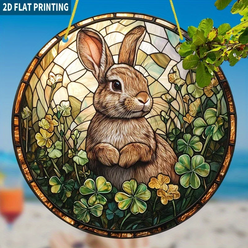 2D Flat, 1pc Adorable Rabbit Sun Catcher - Vintage Stained Glass Style 19.99x19.99 cm Circular Acrylic Window Hanging Decor with