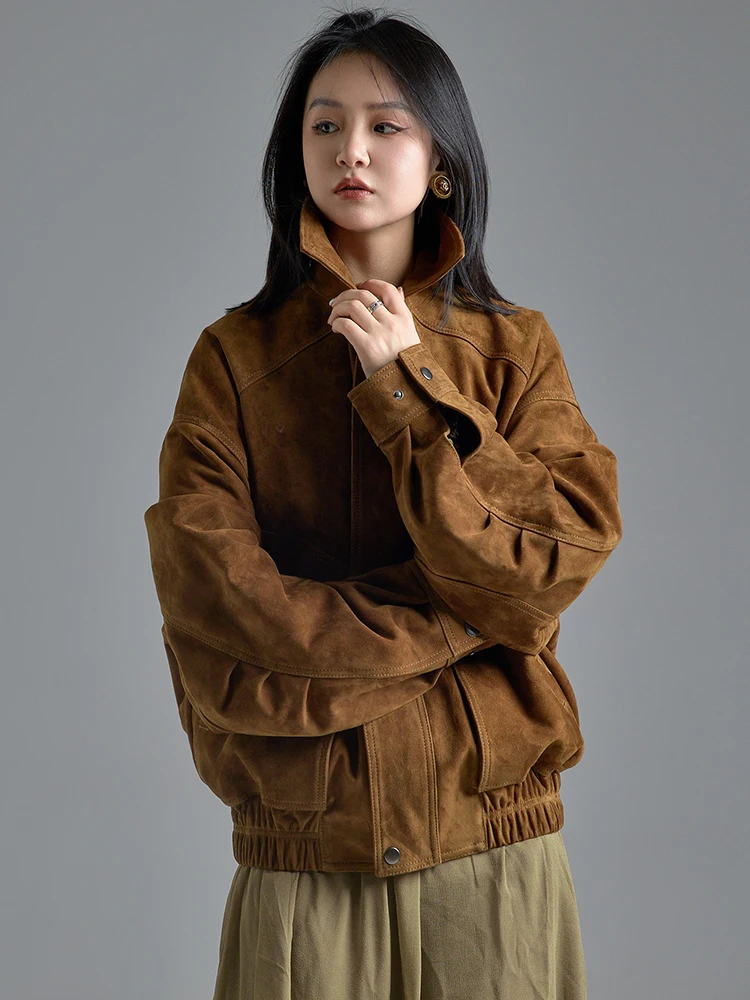 빈티지 정품 가죽 여성용 오토바이 재킷 2025 가을 겨울 신상 고급 심플 루즈핏 양가죽 스웨이드 코트