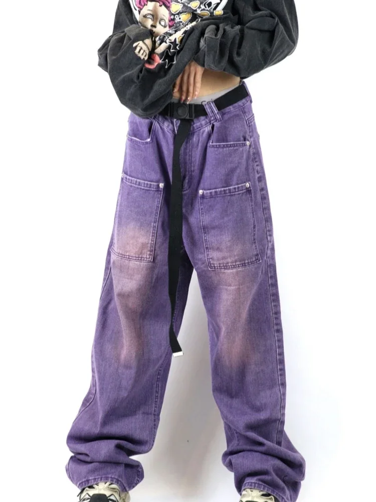 

Women Men Vintage Pockets Baggy Cargo Jeans Y2K Streetwear Harajuku High Waist Wide Leg Pants Denim Trousers Alt Clothes Purple