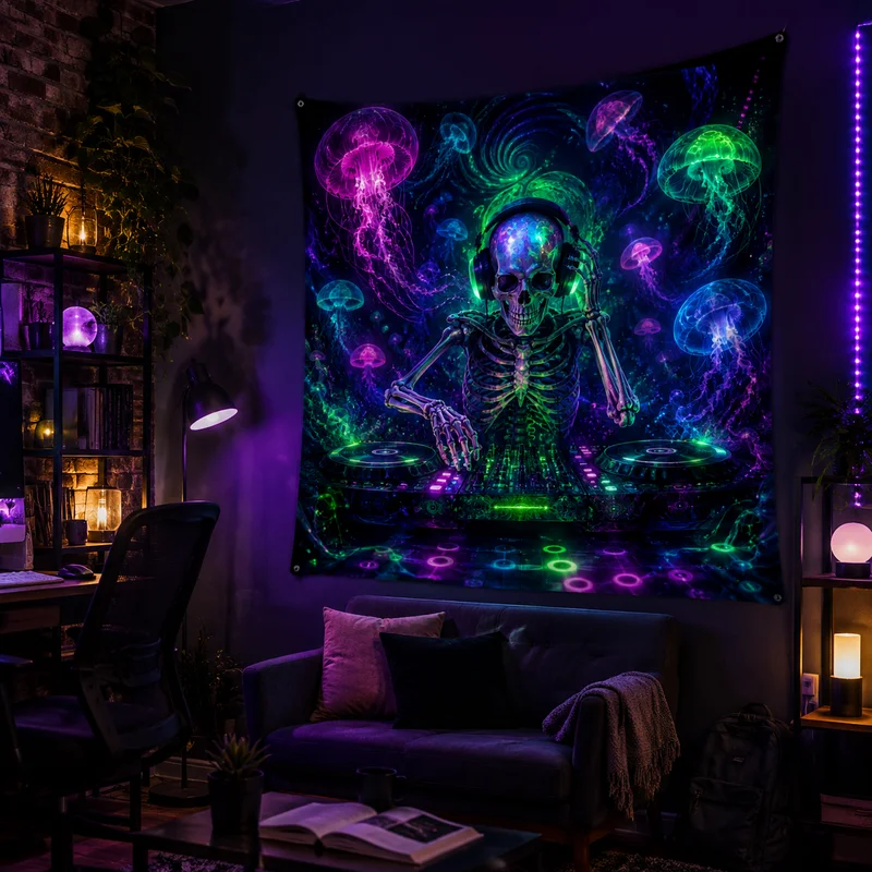 VIKAMA Neon DJ Skull Tapestry Dark Psychedelic Aesthetic Teen Boys Dorm Bedroom Gaming Room Apartment Wall Decor