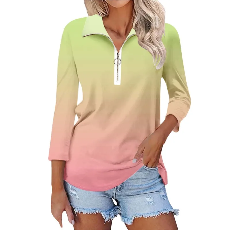 Autumn Winter New Digital Printed Long-sleeved T Shirts Tops Women's Lapel With Zipper Casual Loose Versatile T-shirt