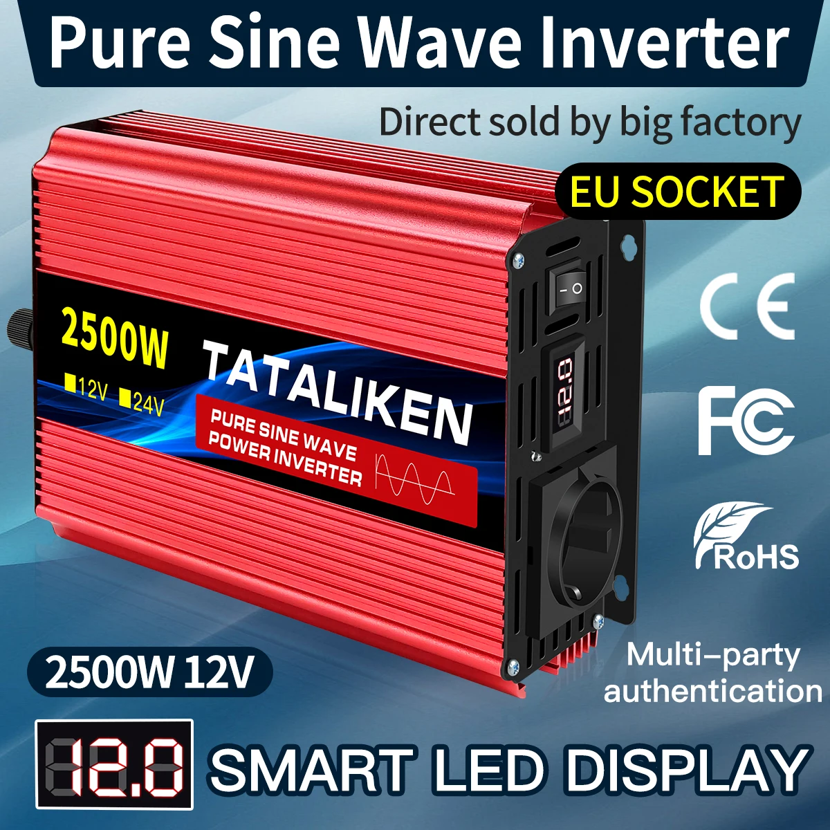 Inversor de Onda Senoidal Pura com Adaptador de Carregamento Conversor de Transferência de Voltagem Tomada EU, 2500W, 3500W, 4500W, 5000WDC, 12V, 24V a 220V AC, 230V