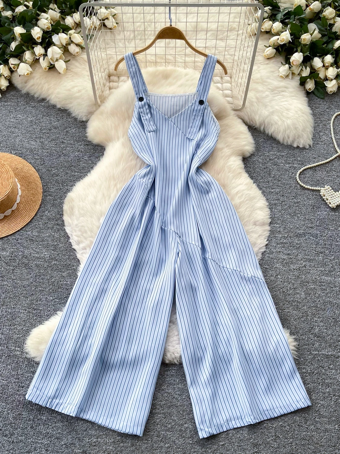 

Korean Commuter Stripe Strap Jumpsuit Women's Summer High Waist Waist Cinching Wide Leg Straight Tube Pants Fashionable Two P...
