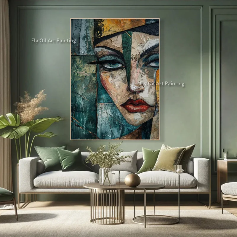 Abstarct Yellow Red Blue Women Portrait Oil Paintnig Handmade New Popular Artwork Grey Beige Girl Face Canvas Wall Art Decor