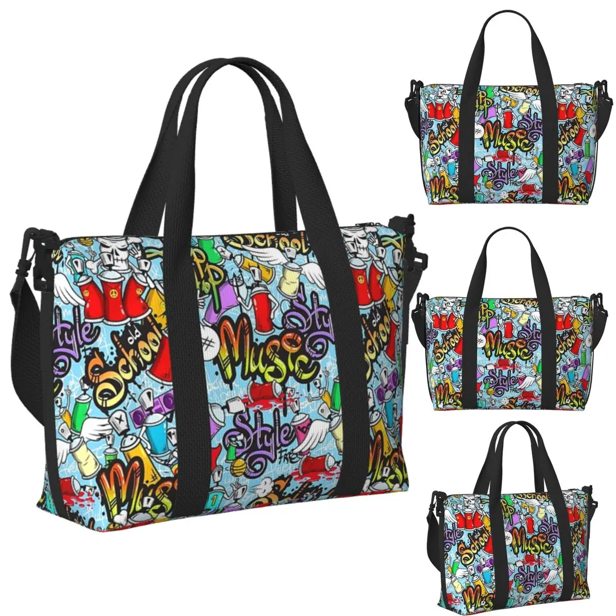 Hip Hop Music Graffiti Beach Travel Bag Large Capacity Tote Bags for Gym Sport Women Shopping Duffle Shoulder Bag