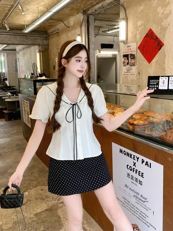 

plus Size Women's Summer Shirt And Skirt Set High Waist Navy Collar Short Sleeve Fashionable Commute Style Korean Fit