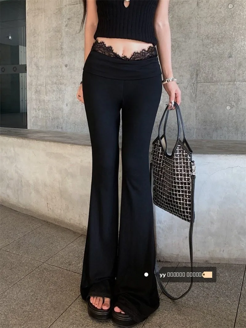 

Bla Lace Bell Bot Повседневные брюки Женские тонкие широкие брюки с высокой талией брюки длиной до пола для поездок на работу Sle