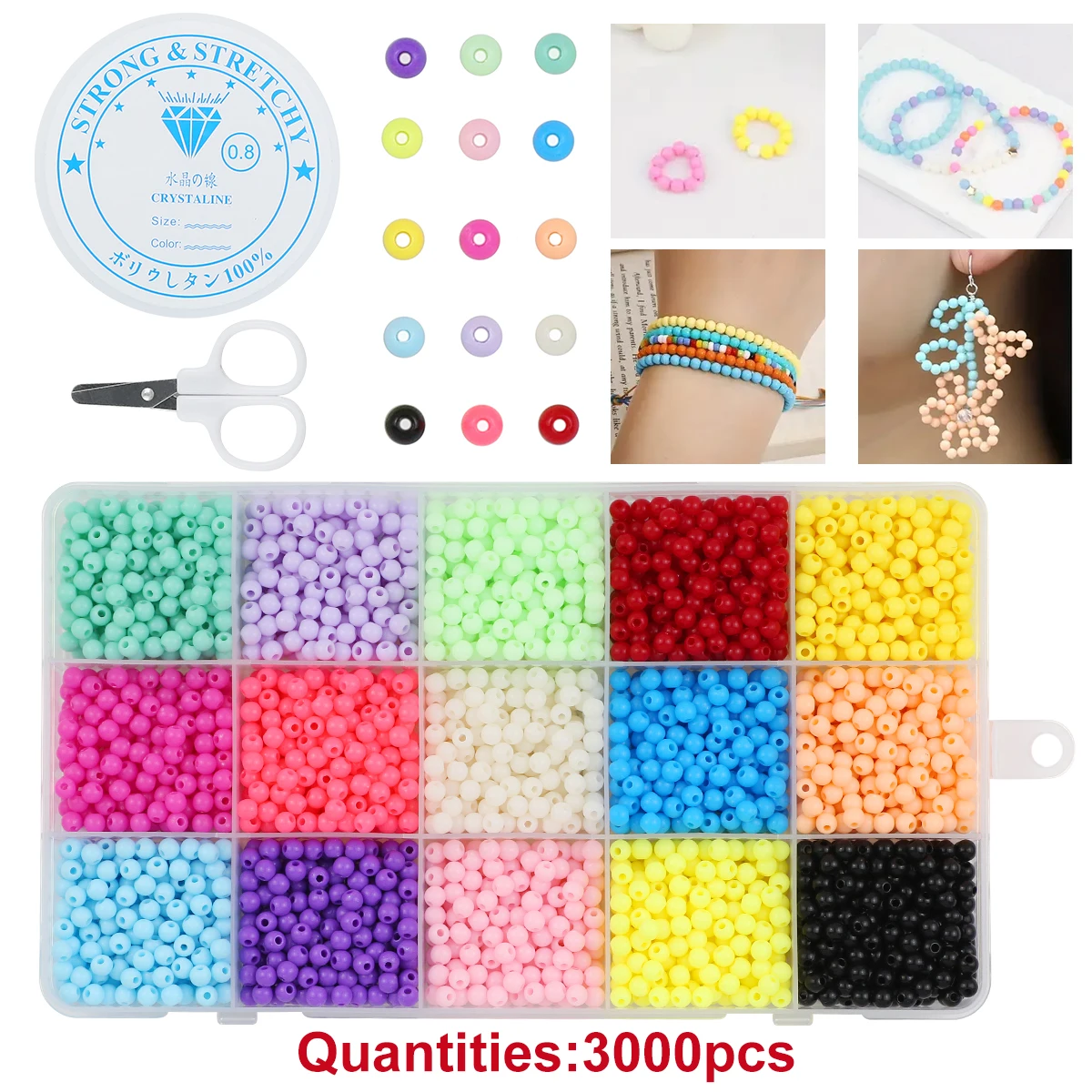 DIY Boxed 3000pcs 4mm Acrylic Colorful Round Spacer Loose Beads & 1 Roll Transparent Elastic Thread For Jewelry Making Bracelets