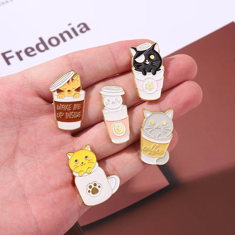 Coffee Cup Brooch Cat Brooch Coffee Brooch Coffee Shop Waiter Brooch Alloy Enamel Kitten Accessories Brooch Badge Lapel Pin