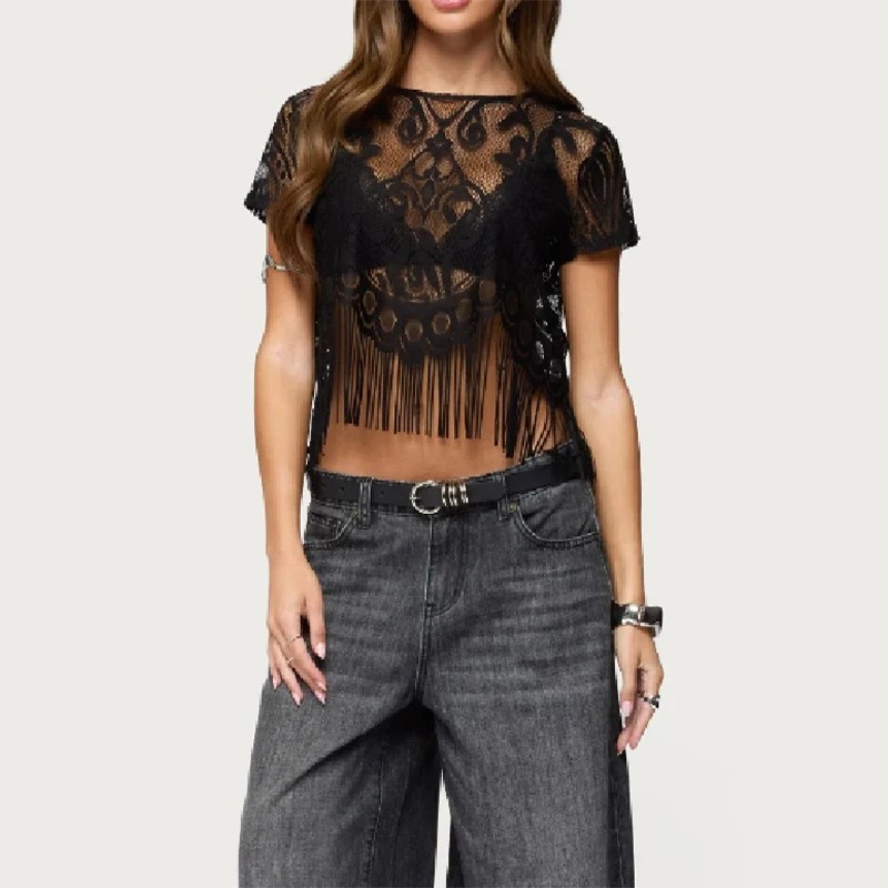 

Элегантная модная блузка с кружевной бахромой, прозрачный укороченный топ для женщин, для вечеринок, шикарный, стильный, трендовый женский наряд