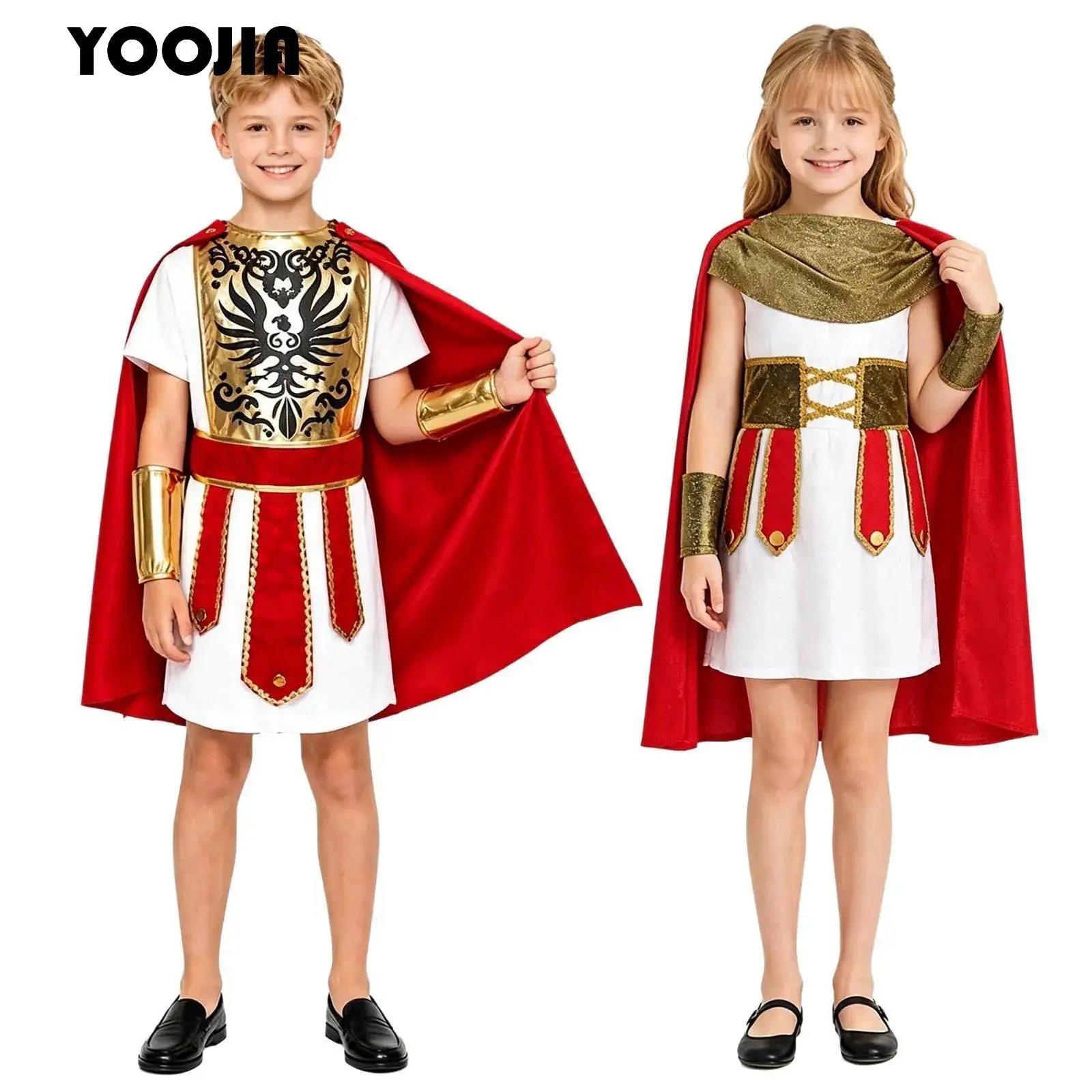 Children's Roman Soldier Gladiator Costume Boys Girls Ancient Greek Warrior Robe with Cloak Waistband Wrist Guard Halloween Suit