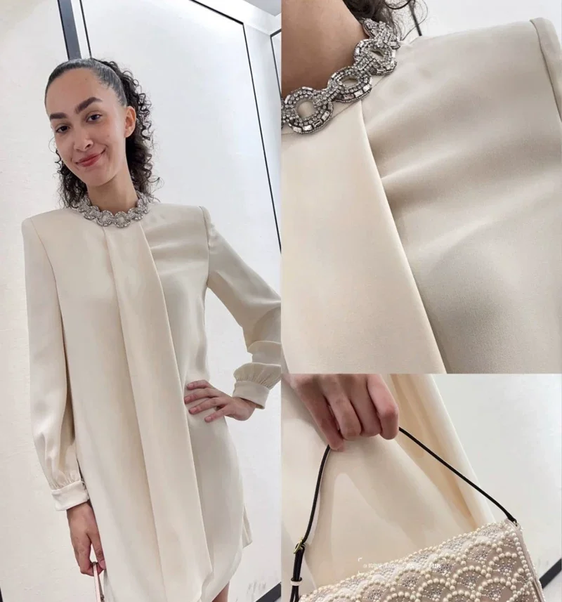 New Autumn Beige Women 100% Silk Mini Dress Luxury Rhinestone Long Sleeve Straight Party Dress With Flowing Sash