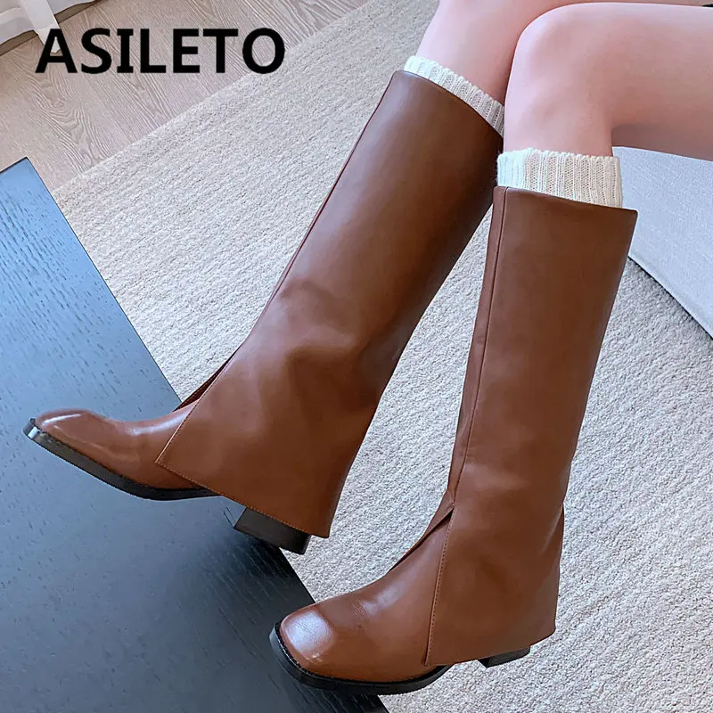 

ASILETO Cow Genuine Leather Fashion Women Boots Square Toe Mid Heel 5cm Slip On Casual Daily Knee High Booties 34cm for Female