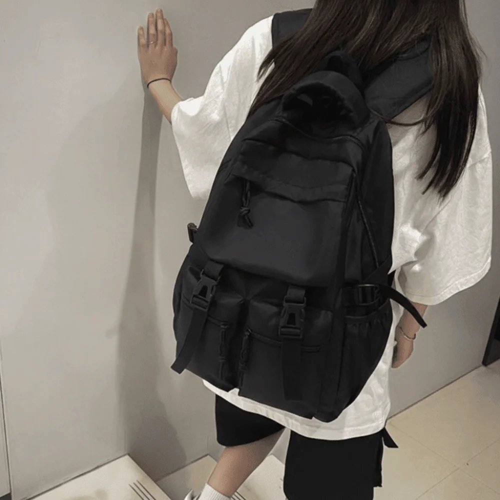 Casual Large Capacity Canvas Backpack Solid Color Multi Pocket Students School Bag Harajuku Nylon Shoulders Bag Women/Men