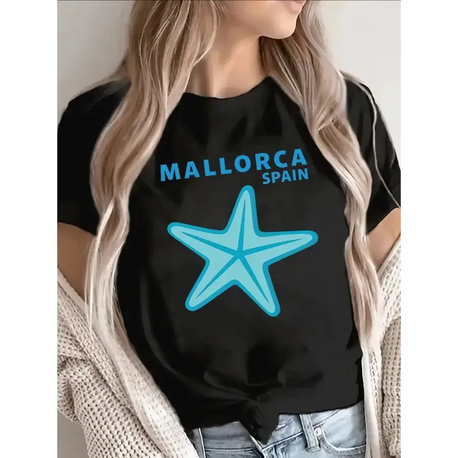 Camiseta de Manga Corta de Poliéster con Diseño de la Estrella de Mallorca, España, Ligera y Duradera para Uso Casual, Perfecta para Viajes a la Playa