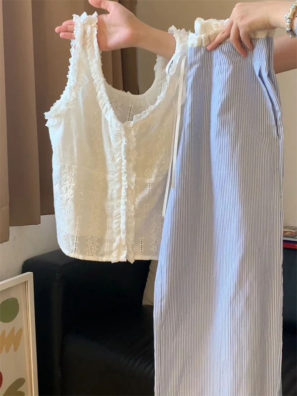 

Летний комплект в корейском стиле: синие полосатые брюки и топ с коротким рукавом и круглым вырезом, модный женский костюм из двух предметов, стиль Sweet Sister Vibes