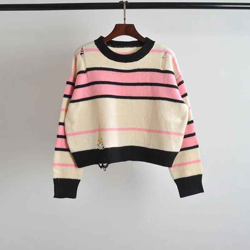 

Faionable ort розовый полосатый ажурный трикотаж круглый Ne для поездок на работу осень-зима корейская версия ажурный свитер