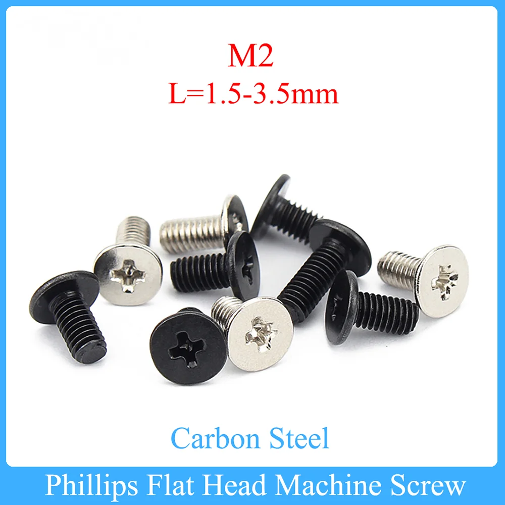 100-1000Pcs Phillips Flat Head Machine Screw M2*1.5-3.5mm Carbon Steel Cross Thin Flat Head Screw Bolt for Laptop Phone Glasses