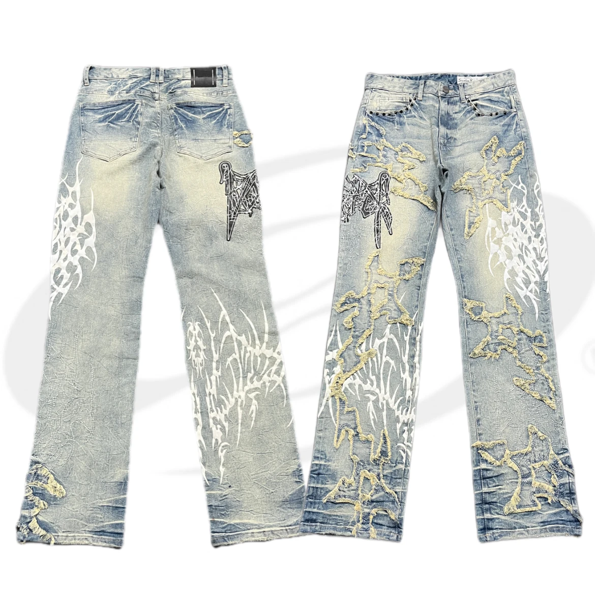 

Джинсы Waed Denim с заклепками и принтом «Пламя», расклешенные, прямые, молодежные, повседневные, из смесового хлопка, весна-осень, модный тренд