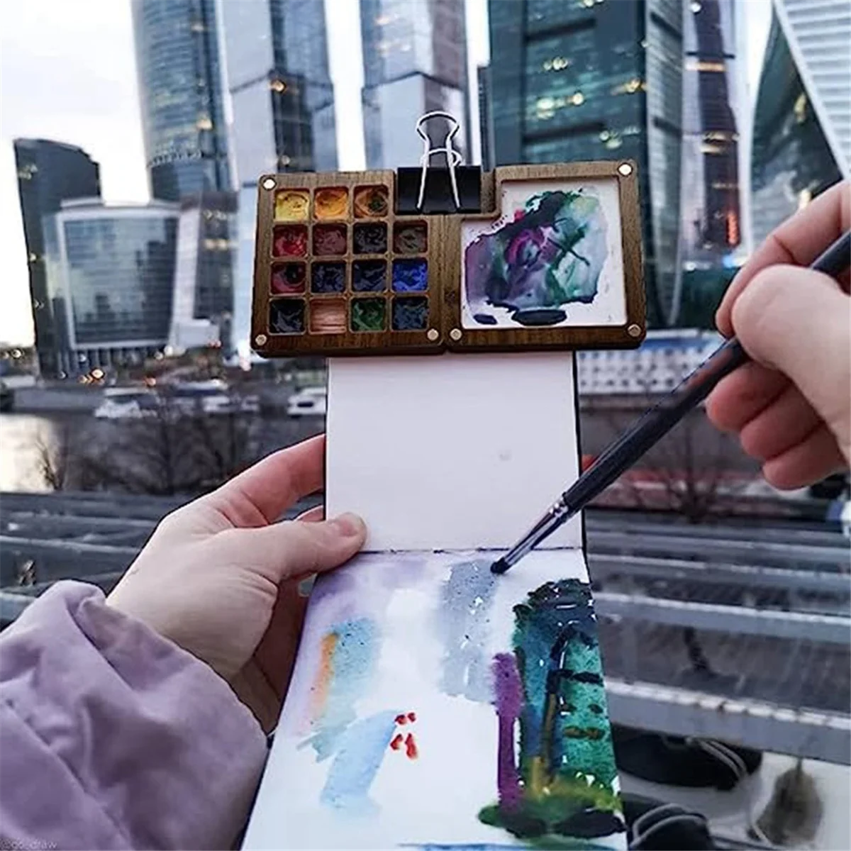 Gfc-Portable Watercolor Palette, 15 Color Sketchbook Palette, Wooden Palette Box, Travel Paint Palette (Without Colors)