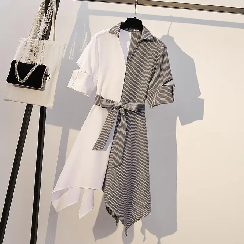 Falda acampanada con cinturón y cuello vuelto para mujer, vestido elegante de gasa Imperio de Color sólido, ropa Simple de retazos de verano, estilo