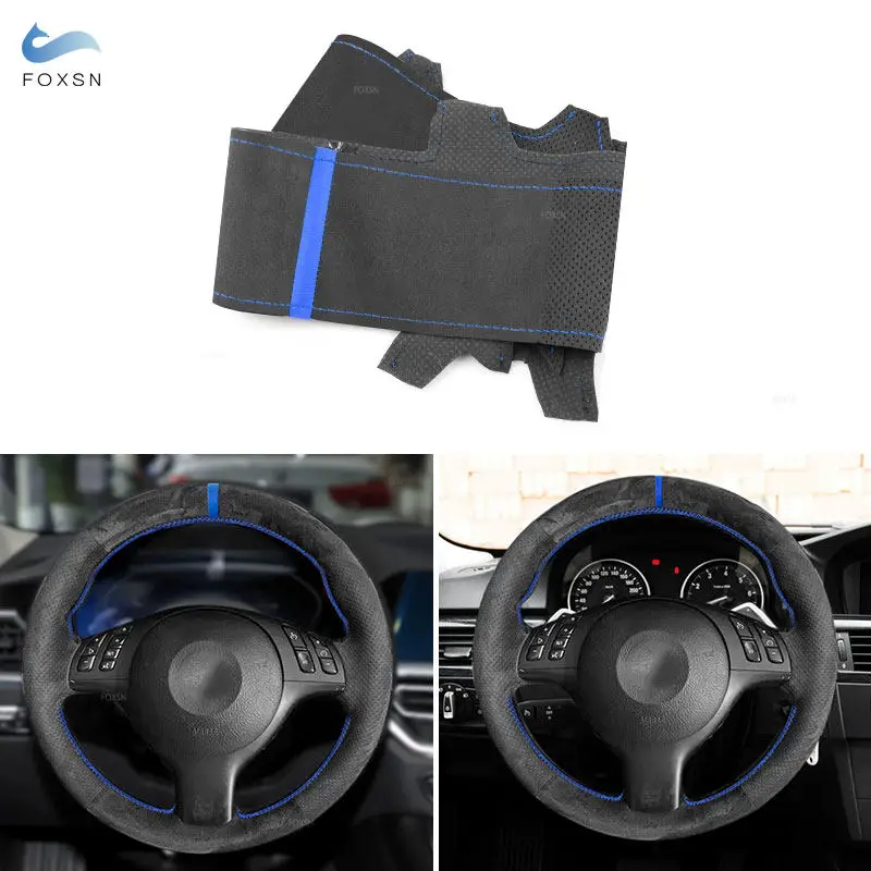 For BMW M Sport 3 Series E46 Coupe 2000-2006 M3 E46 M5 E39 2000-2003 1.2mm Suede Leather Car Steering Wheel Cover Trim blue bar