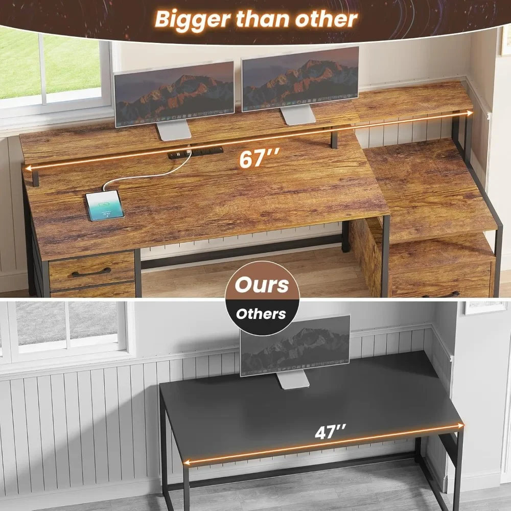 Home Office Desk with File Drawer & Power Outlet, 66'' Computer Desk with 5 Drawer, Storage Shelves, Printer Cabinet