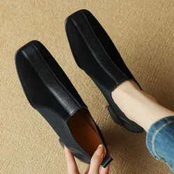 Women's genuine leather stretch knit patchwork slip-on pumps 6cm thick high heel square toe elegant ladies heeled dress shoes 42