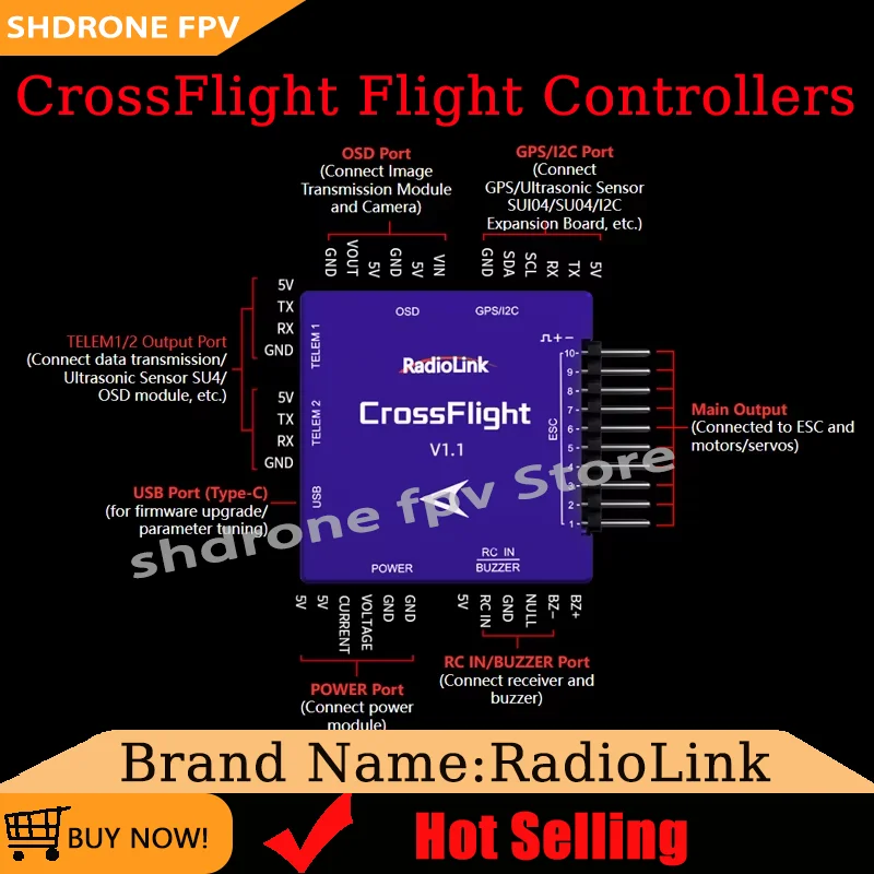 

Professional RadioLink CrossFlight V1.1 Flight Controller 2-12S Voltage 10 PWM Output + OSD for FPV Drone Heli Airplane Car Boat