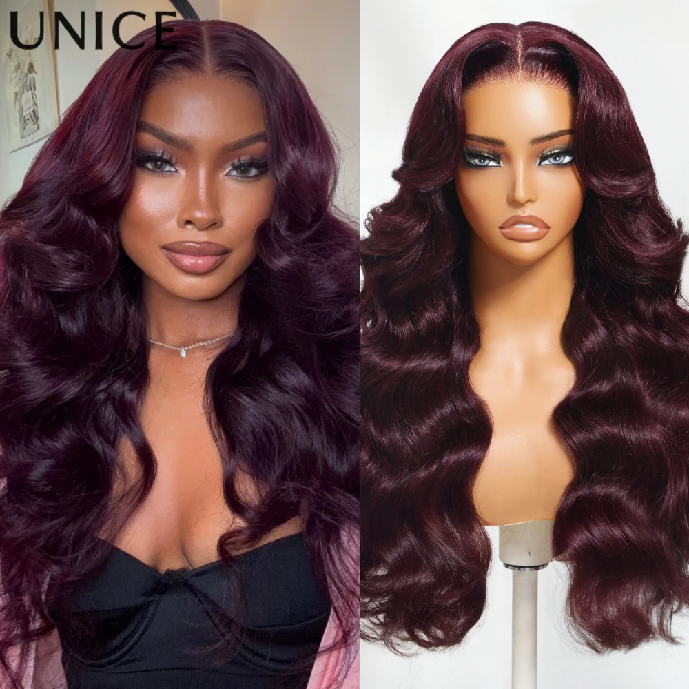 

UNICE Drawstring Cap Black Cherry Loose Wave Wig With Face Framing Layers 7x5 13x4 Pre Cut Pre Bleached Glueless Wig Human Hair