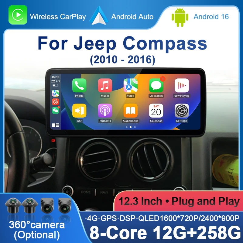 Android 16 video Player Car Radio For Jeep Compass Patriot 2010-2016 Autoradio Stereo 4G GPS Navigation Wireless Carplay DSP