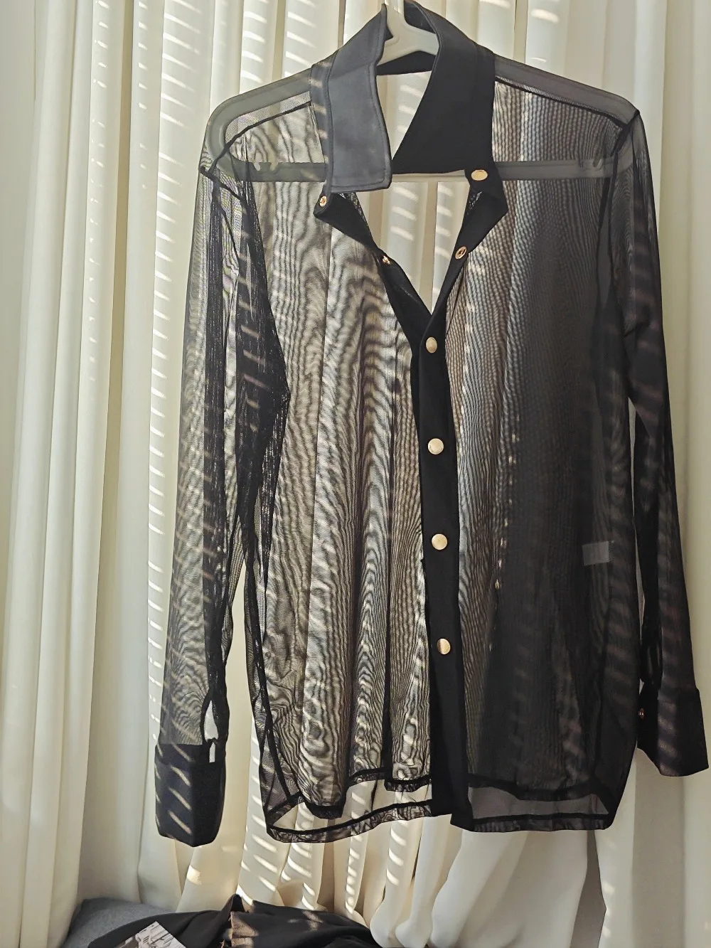 Men's See Through Long Sleeve Button Front Collar Neck Mesh Shirt Top High Elastic Dance Shirt Sexy Costume Party Stage Wear