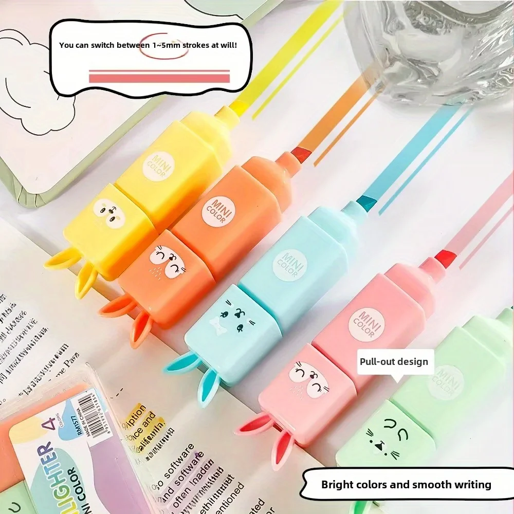 4/5/6pcs Mini Rabbit Fluorescent Highlighters &Labeling Pens-Water-Based Ink, UV/Visible Color-Coded Markers Office Organization