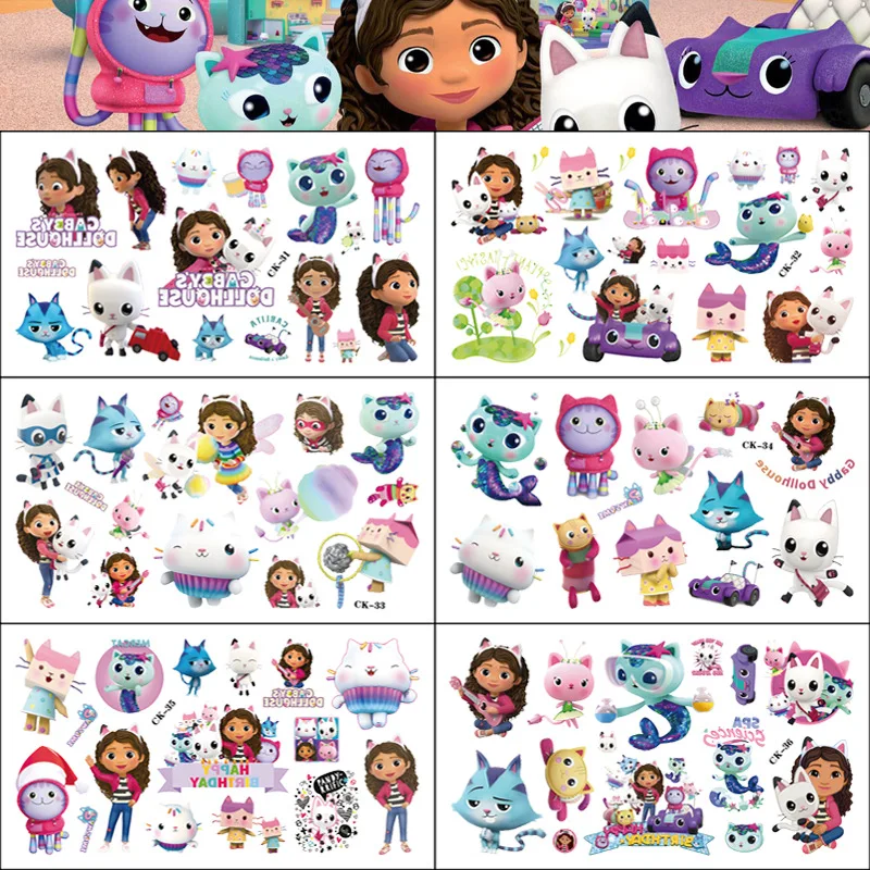 6 Stuks Gabby Poppenhuis Tattoo Stickers Waterdichte Schattige Sticker Anime Verjaardagsfeest Benodigdheden Decoratie Voor Kinderen Beloning Stickers