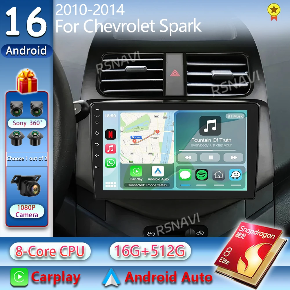 Android 16 Carplay Auto Car Radio For CHEVROLET Spark Beat Matiz Creative 2010 - 2014 Navigation GPS Multimedia Player Stereo BT