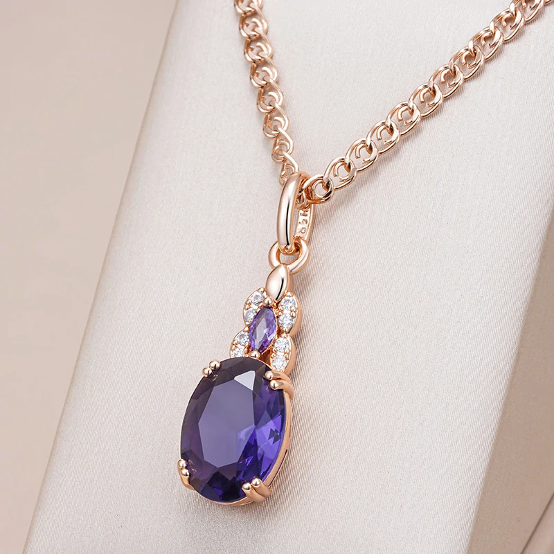 Kinel Sparkling Purple Oval Natural Zircon Pendant Necklace for Women 585 Rose Gold Color Pendant Vintage Party Daily Jewelry