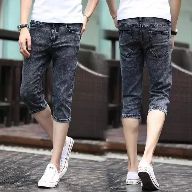

Summer Snow ey Seven-Five Men's Slim Fit Jeans Korean Sle Casual ort Trousers Mid-Waist Low-Rise Zipper ket Jeans