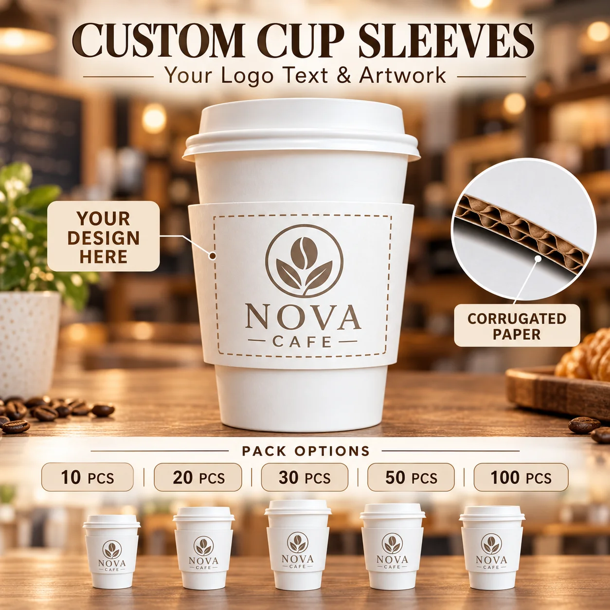 Custom Cup Sleeves Personalized Logo Text Artwork Corrugated Paper Wraps for Cafes Weddings Events Packs 10 20 30 50 and 100 PCS