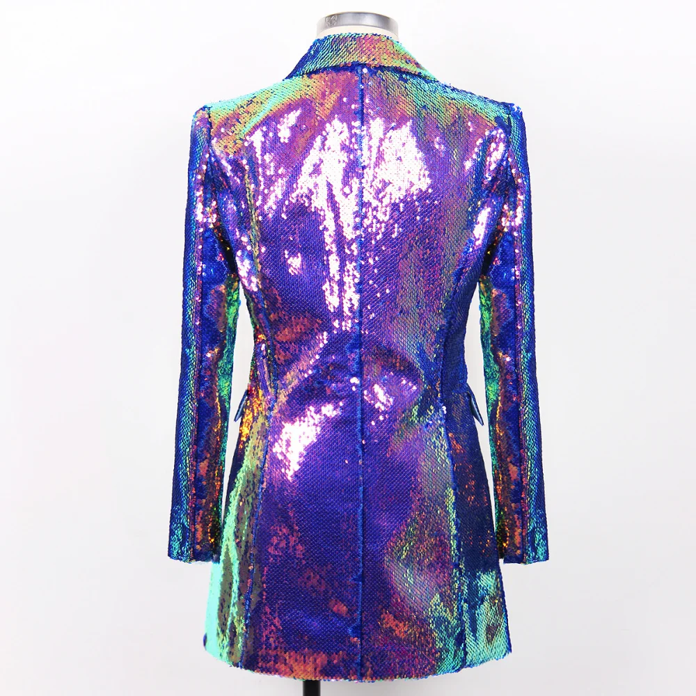 Fashion Stage Sequin Colorful Polo Collar Single Button Long Sleeve Slim Fit Shiny Costume Outerwear Women Purple Blazer 2025