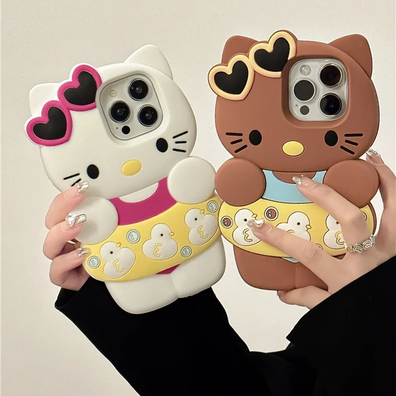 New Fashion 3D Case For iPhone 14 13 12 11 Pro Max Cute Cartoon Black Brown Cover Soft Silicone Sanrio Kitty Silicone Soft Shell