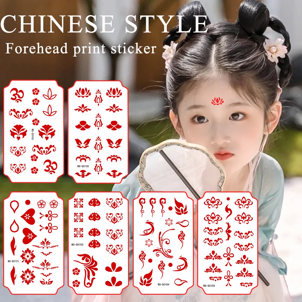 35Pcs Chinese Style Prints Forehead Tattoo Sticker, Red Lotus Dot-shape, Girls Forehead Decals Children Temporary Tattoo Sticker