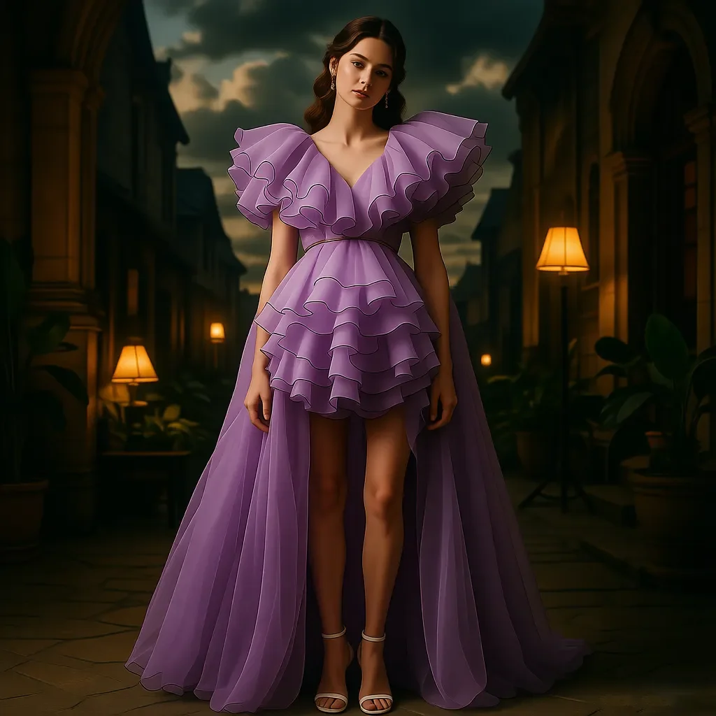 

Лавандово-фиолетовый укороченный топ с открытыми плечами и мини-юбка с длинной тюлевой накидкой - шикарное платье для выпускного вечера на подиуме, наряд для показа мод