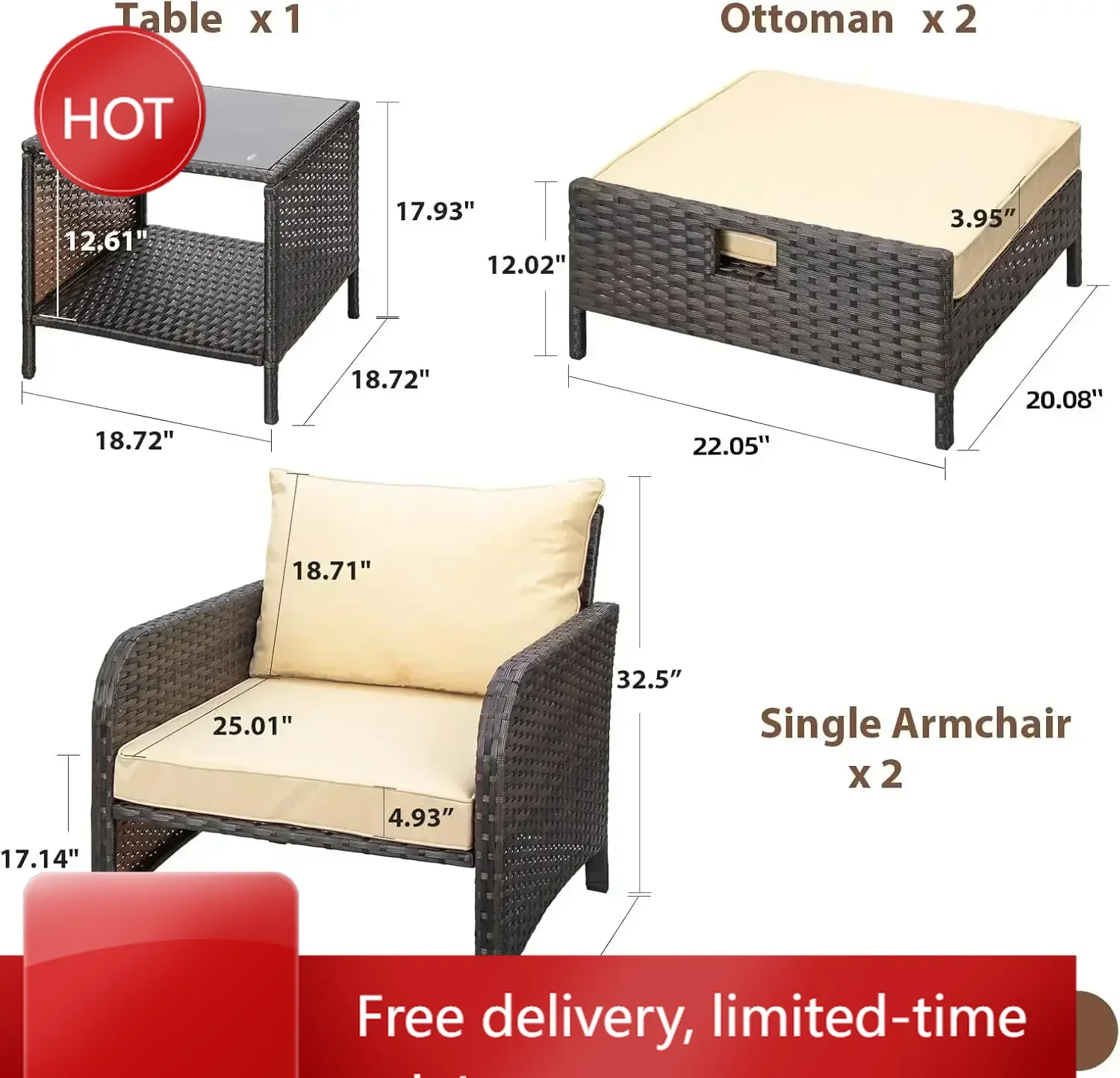 

Time-limitedXMSJ.Balcony Furniture 5 Piece Patio Conversation Set,Outdoor Lounge Chairs with Soft Cushions 2 Ottoman&Glass Table