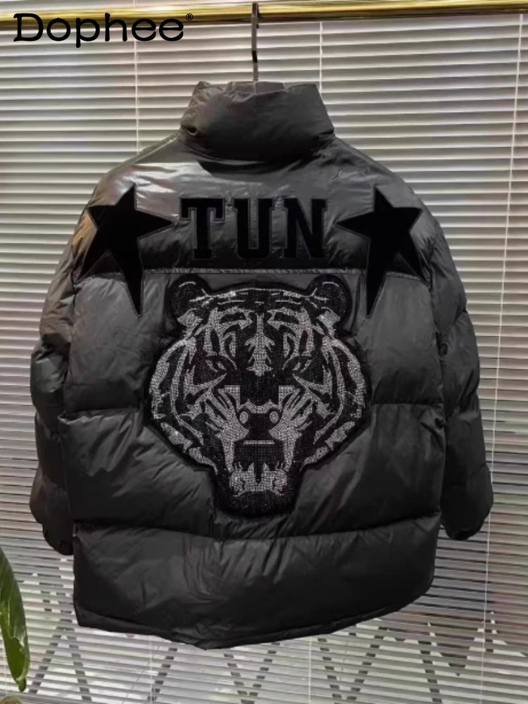 2024 Winter Thickened Cotton Clothing Fashion Parkas Heavy Industry Hot Diamond Tiger Head Tiger Trendy Jacket Cotton Clothing