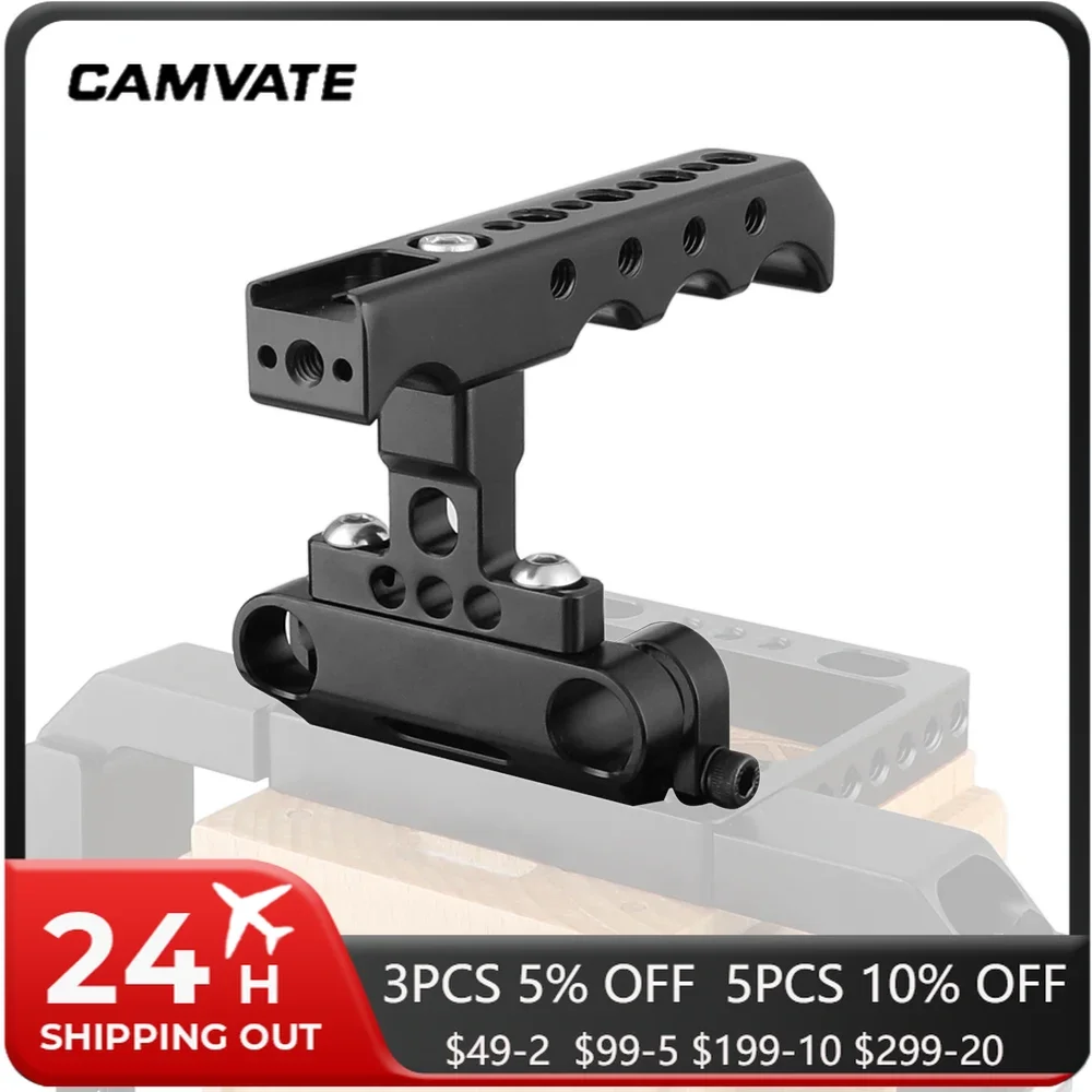 CAMVATE Top Cheese Handgrip With Shoe Mount & 15mm Dual Rod Clamp Adapter For DSLR Camera Cage Rig 15mm Rod Support System