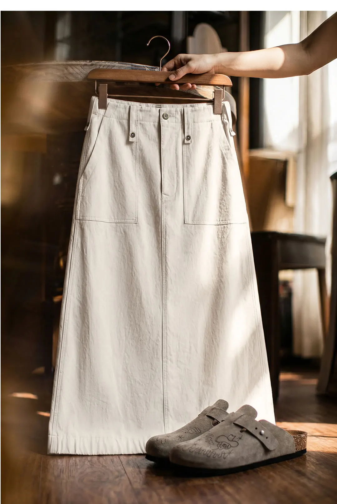 Maden Women's Cargo Skirt A Line Midi Back Slit High Waist Vintage Off White Casual Zipper Skirt for Spring Summer