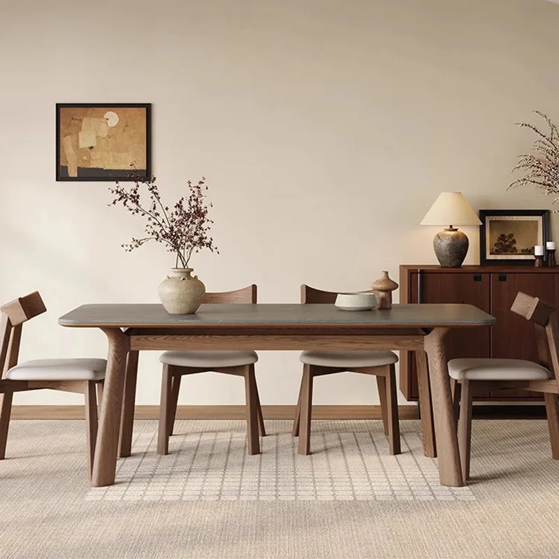 Wabi-sabi style solid wood sintered stone dining table, modern minimalist home use North American ash wood for small apartments,
